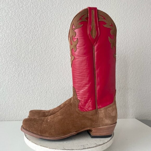 Rod Patrick Mens Cowboy Boots 14AAAA Brown Rough Out Blunt Toe Red Top Western - Picture 6 of 11